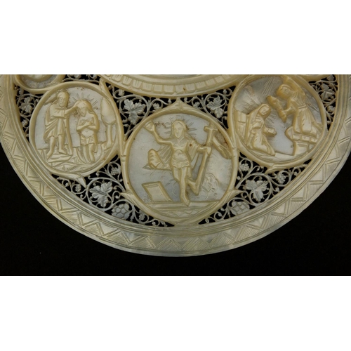 10 - Mother of Pearl shell carved with The Last Supper, profusely pierced with flowers and foliage, 16.5c... 
