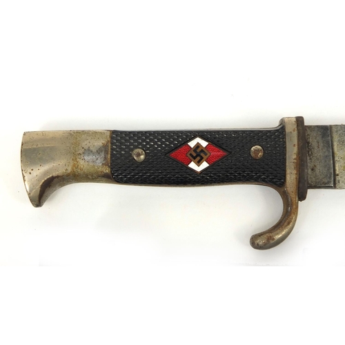 395 - German Military interest Hitler Youth dagger and scabbard with leather fob, 25cm in length