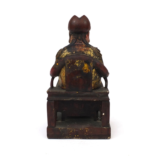 540 - Chinese wooden carving of a seated emperor wearing a dragon robe, 42cm high