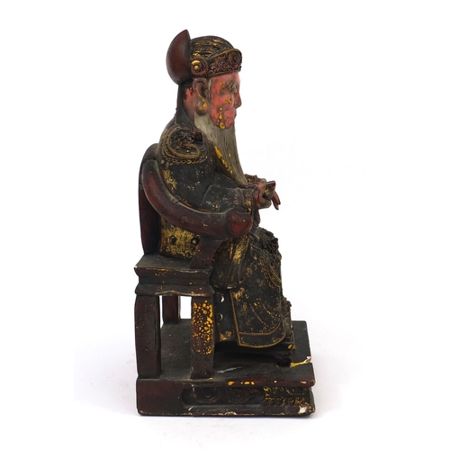 540 - Chinese wooden carving of a seated emperor wearing a dragon robe, 42cm high