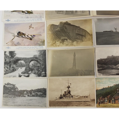 207 - Group of Military interest and topographical postcards and photographs including tanks, buses and ba... 