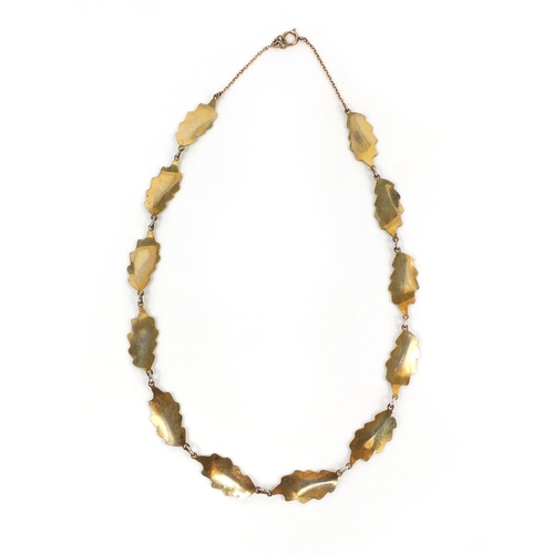 807 - 925 sterling silver, gilt and enamelled necklace of leaf design, 50cm long, approximate weight 28.7g