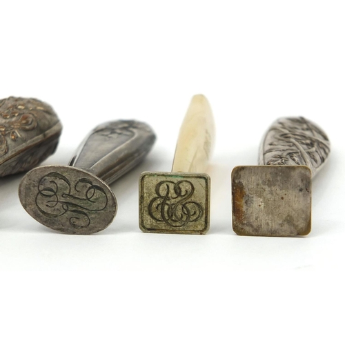 115 - Six desk seals including silver and Mother of Pearl handled examples, mostly decorated with flowers ... 