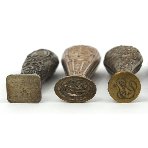 115 - Six desk seals including silver and Mother of Pearl handled examples, mostly decorated with flowers ... 