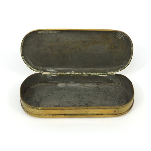 139 - 18th century Swedish brass tabbaco box by C Norman, the hinged lid with perpetual calendar, 13cm wid... 