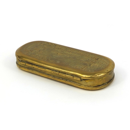 139 - 18th century Swedish brass tabbaco box by C Norman, the hinged lid with perpetual calendar, 13cm wid... 