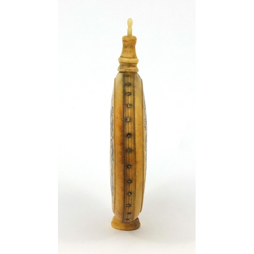 5 - 18th century circular bone scent bottle with floral pen work and brass studded decoration, dated 179... 