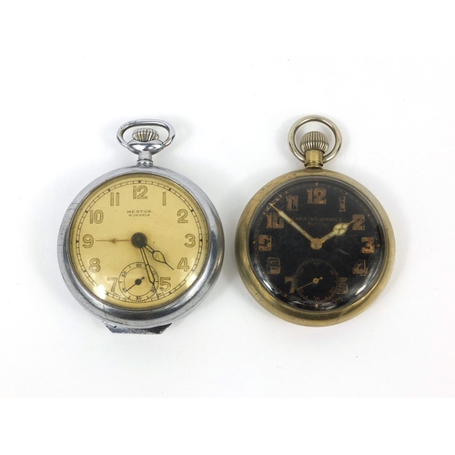 374 - Two Military interest pocket watches comprising a Carley & Clements LD example and a Mentor alarm ex... 