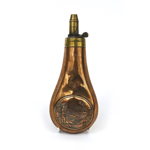 382 - 19th century copper and brass powder flask embossed with a hunting scene, 21cm in length