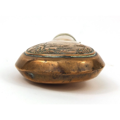 382 - 19th century copper and brass powder flask embossed with a hunting scene, 21cm in length