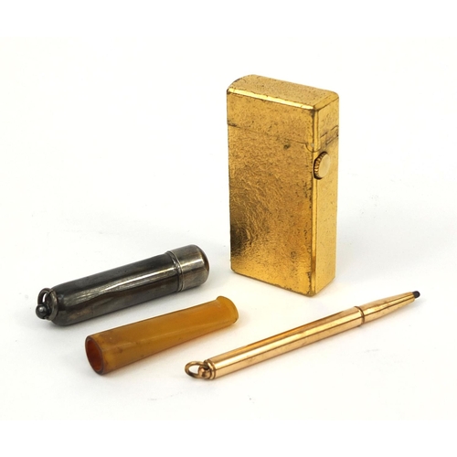 146 - Objects comprising a silver cheroot case housing a cheroot, gold plated Dunhill pocket lighter and a... 