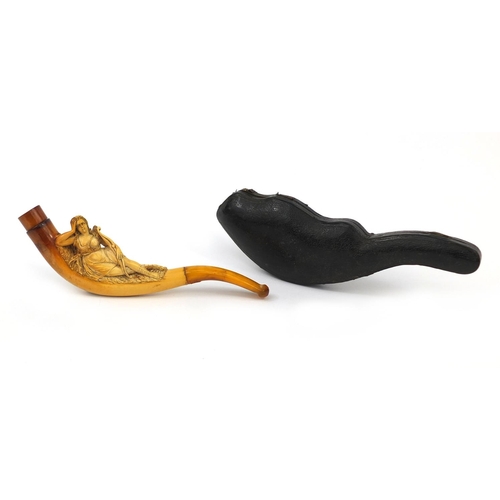 108 - Meerschaum pipe carved with a semi nude maiden holding a bow, with amber coloured mouth and end piec... 