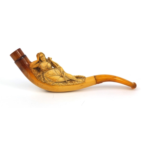 108 - Meerschaum pipe carved with a semi nude maiden holding a bow, with amber coloured mouth and end piec... 