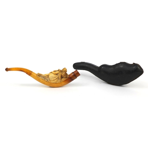 108 - Meerschaum pipe carved with a semi nude maiden holding a bow, with amber coloured mouth and end piec... 