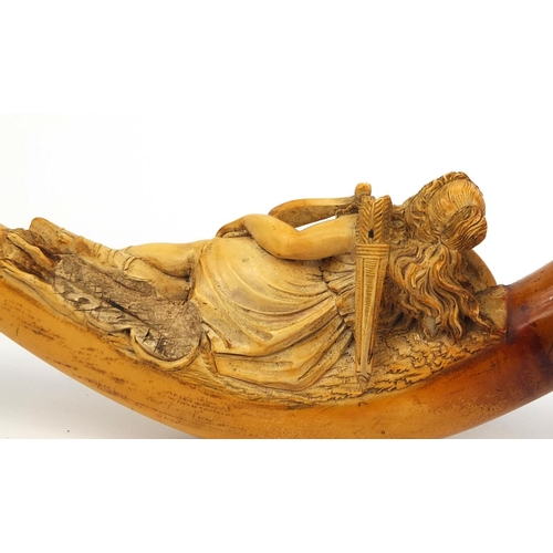 108 - Meerschaum pipe carved with a semi nude maiden holding a bow, with amber coloured mouth and end piec... 