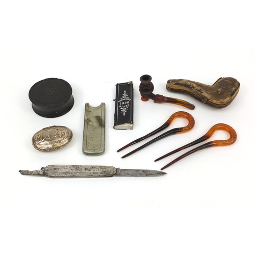 158 - Antique and later objects including a two faux tortoiseshell hair pieces, Robert Hornby pocket knife... 