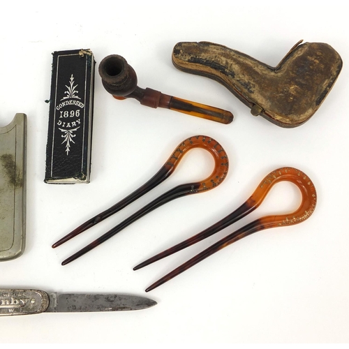 158 - Antique and later objects including a two faux tortoiseshell hair pieces, Robert Hornby pocket knife... 