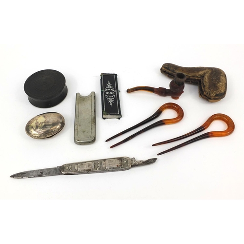 158 - Antique and later objects including a two faux tortoiseshell hair pieces, Robert Hornby pocket knife... 