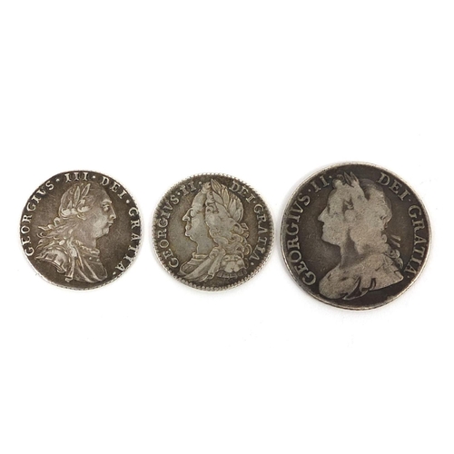 274 - Three 18th century British silver coins comprising a George II 1741 shilling, George II 1750 six pen... 