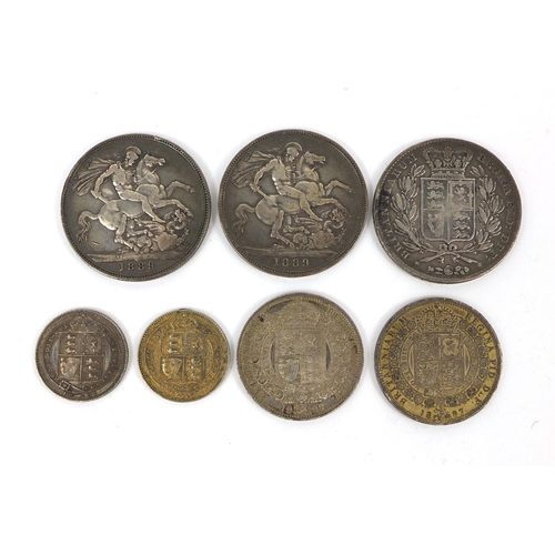 286 - Victorian British silver coinage comprising three crowns 1844, 1889 and 1889, two 1887 half crowns a... 