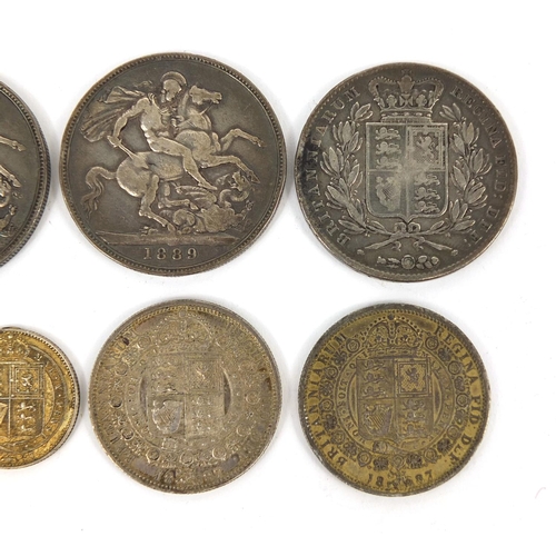 286 - Victorian British silver coinage comprising three crowns 1844, 1889 and 1889, two 1887 half crowns a... 