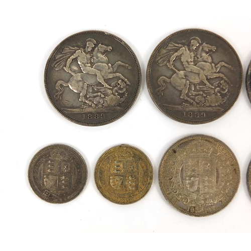 286 - Victorian British silver coinage comprising three crowns 1844, 1889 and 1889, two 1887 half crowns a... 