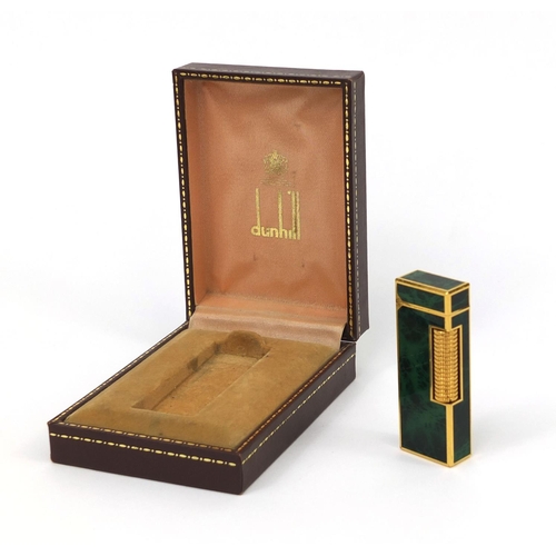 111 - Dunhill gold plated and green marbelised pocket lighter with fitted box, the lighter 6.5cm high