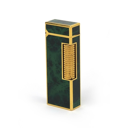 111 - Dunhill gold plated and green marbelised pocket lighter with fitted box, the lighter 6.5cm high