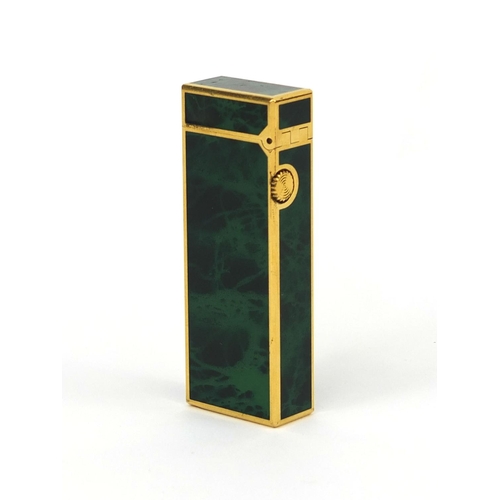 111 - Dunhill gold plated and green marbelised pocket lighter with fitted box, the lighter 6.5cm high