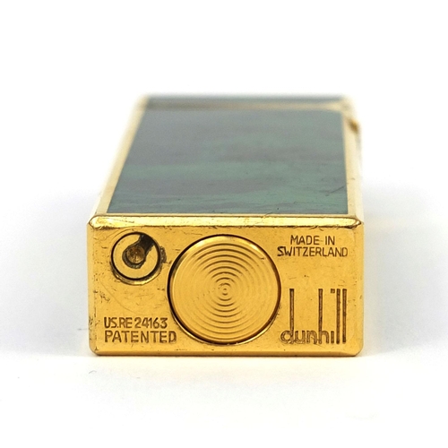 111 - Dunhill gold plated and green marbelised pocket lighter with fitted box, the lighter 6.5cm high