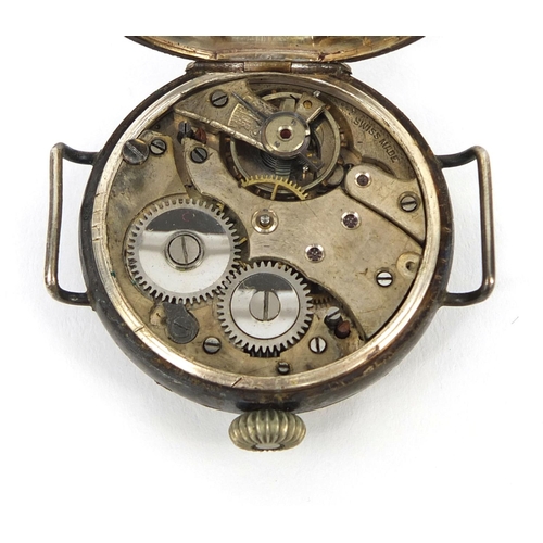 368 - Military interest silver cased trench watch with luminous hands, numbered 24023 to the interior, 3.3... 