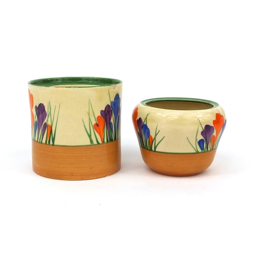 755 - Two Clarice Cliff crocus pattern pots, including a cylindrical example, each with factory marks to t... 