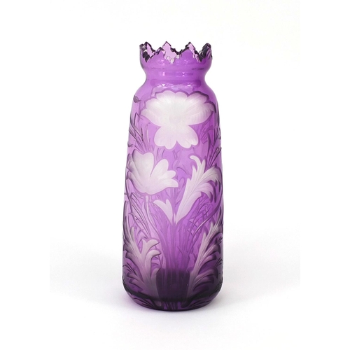 728 - Purple flashed glass vase, possibly by Webb, etched with stylised flowers and foliage, 18cm high