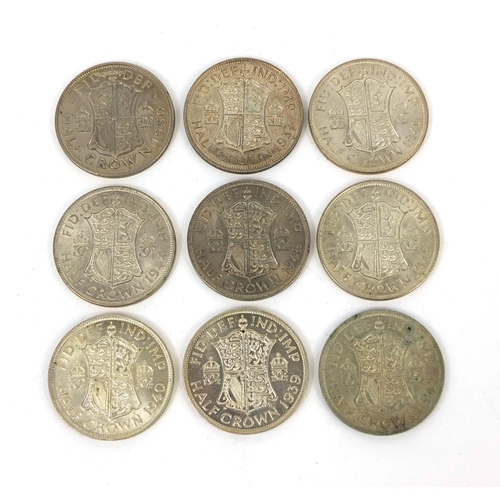 296 - Nine George VI half crowns comprising dates 1937,1939, 1940 1942, 1944, 1945, 1946, 1948 and 1950