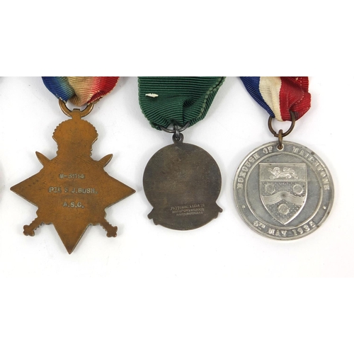 323 - Britih Military World War I trio awarded to T-31114PTE.S.J.BUSH.A.S.C. together with safe driving co... 