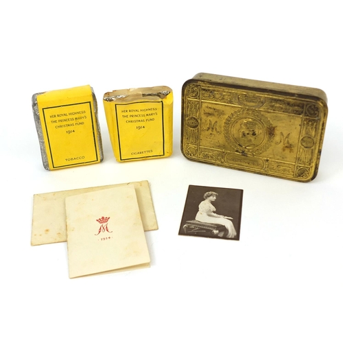 363 - British Military World War I brass Mary Tin with orignal contents and best wishes card