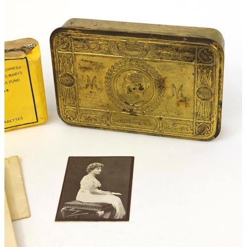 363 - British Military World War I brass Mary Tin with orignal contents and best wishes card