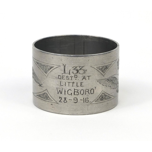 379 - British Military World War I aluminium napkin ring, engraved with Royal flying corps motifs and engr... 