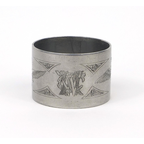 379 - British Military World War I aluminium napkin ring, engraved with Royal flying corps motifs and engr... 