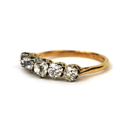 914 - Unmarked gold diamond five stone ring, size O, approximate weight 3.0g