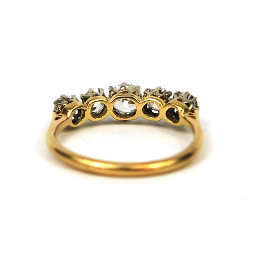 914 - Unmarked gold diamond five stone ring, size O, approximate weight 3.0g