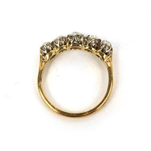 914 - Unmarked gold diamond five stone ring, size O, approximate weight 3.0g