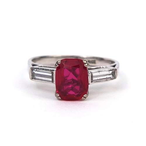 913 - 18ct white gold cushion cut ruby and diamond ring, size O, approximate weight 4.7g with E.D.R Identi... 