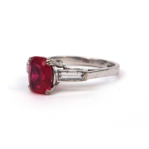 913 - 18ct white gold cushion cut ruby and diamond ring, size O, approximate weight 4.7g with E.D.R Identi... 