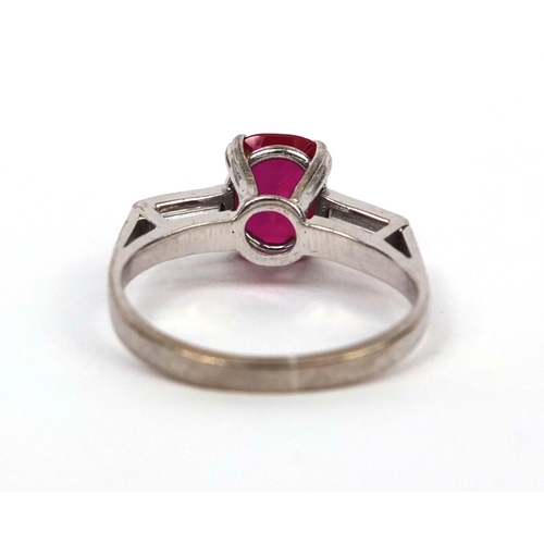 913 - 18ct white gold cushion cut ruby and diamond ring, size O, approximate weight 4.7g with E.D.R Identi... 