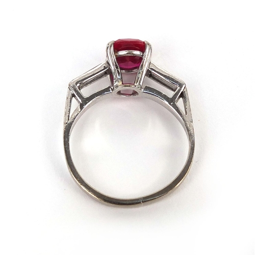 913 - 18ct white gold cushion cut ruby and diamond ring, size O, approximate weight 4.7g with E.D.R Identi... 