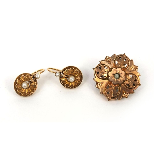 1013 - Pair of French gold seed pearl earrings and a gilt metal seed pearl brooch, the brooch 2.3cm in diam... 