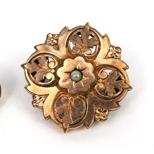 1013 - Pair of French gold seed pearl earrings and a gilt metal seed pearl brooch, the brooch 2.3cm in diam... 