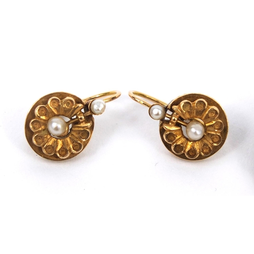 1013 - Pair of French gold seed pearl earrings and a gilt metal seed pearl brooch, the brooch 2.3cm in diam... 