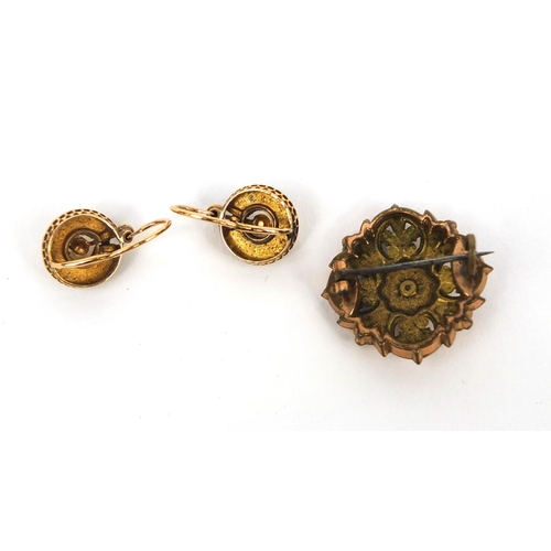 1013 - Pair of French gold seed pearl earrings and a gilt metal seed pearl brooch, the brooch 2.3cm in diam... 